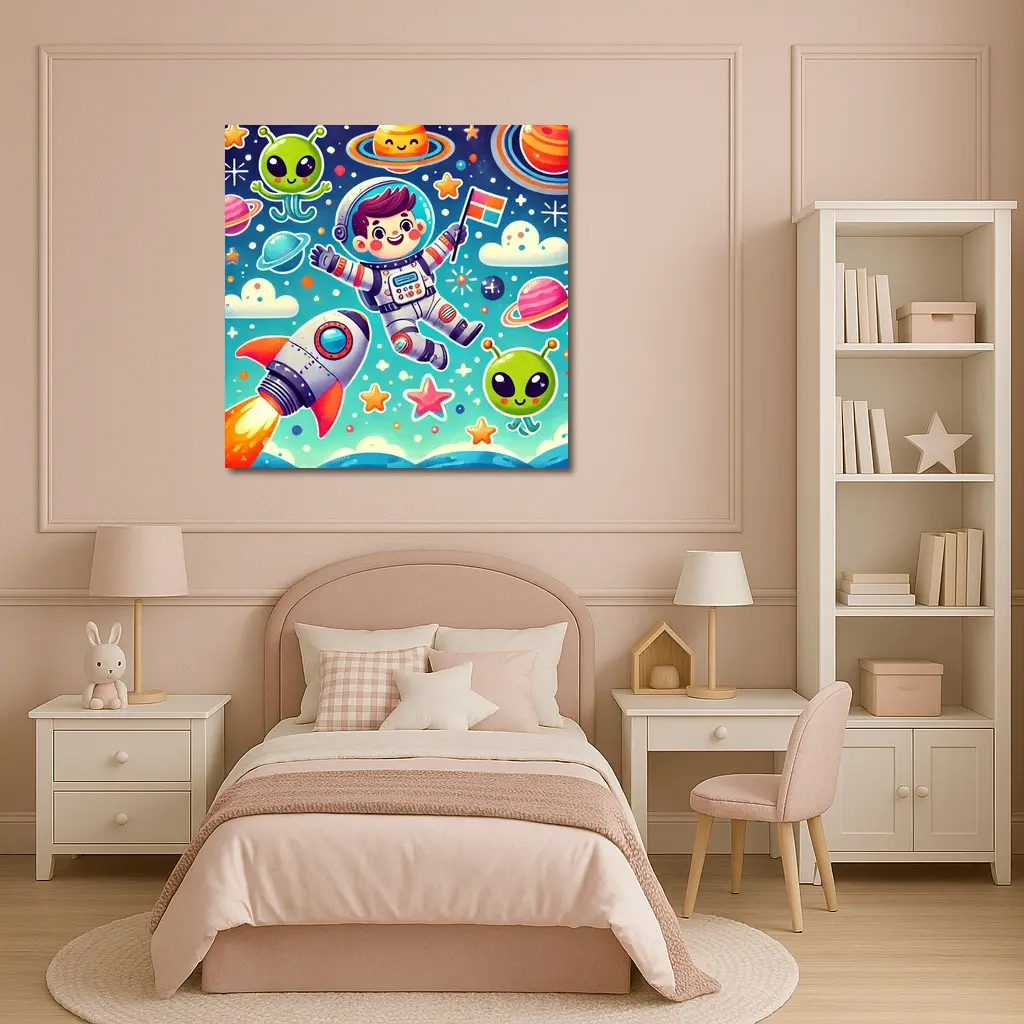 Cute Cartoon Astronaut Boy In Colorful Space – Wall Art