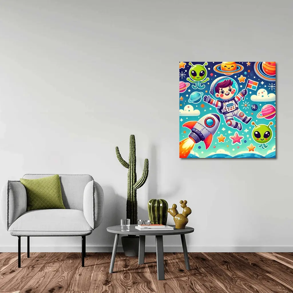 Cute Cartoon Astronaut Boy In Colorful Space – Wall Art