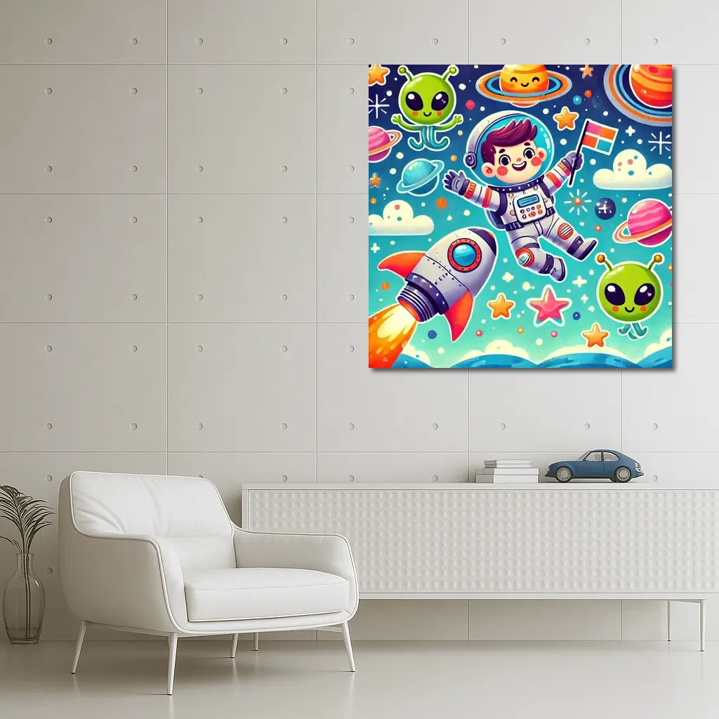 Cute Cartoon Astronaut Boy In Colorful Space – Wall Art
