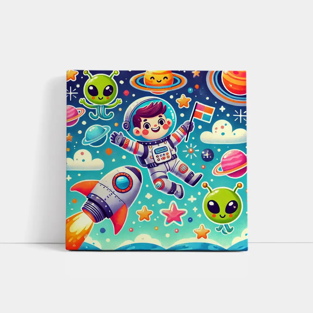 Cute Cartoon Astronaut Boy In Colorful Space – Wall Art