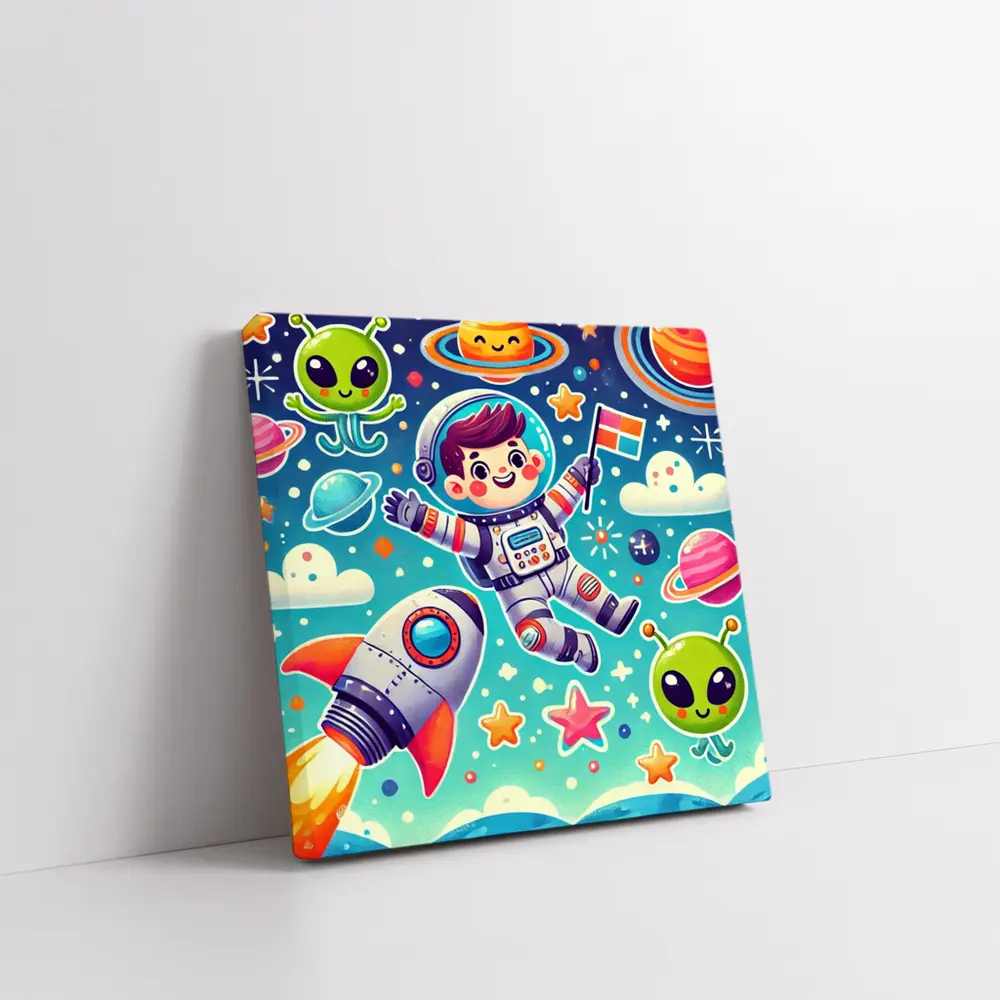 Cute Cartoon Astronaut Boy In Colorful Space – Wall Art