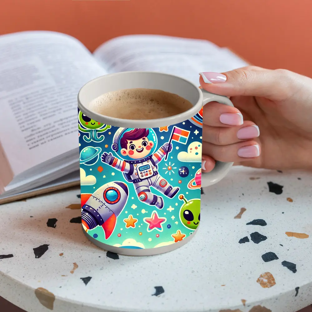 Cute Cartoon Astronaut Boy In Colorful Space – Mugs