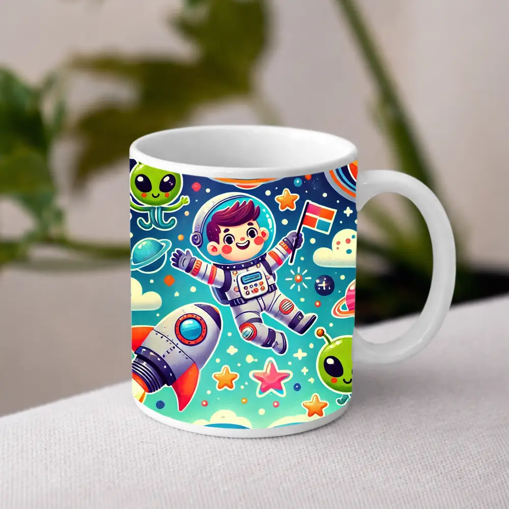 Cute Cartoon Astronaut Boy In Colorful Space – Mugs