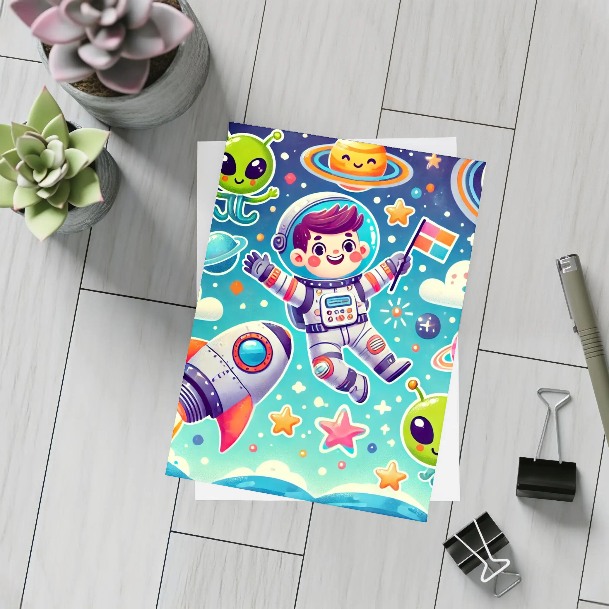 Cute Cartoon Astronaut Boy In Colorful Space – Postcards