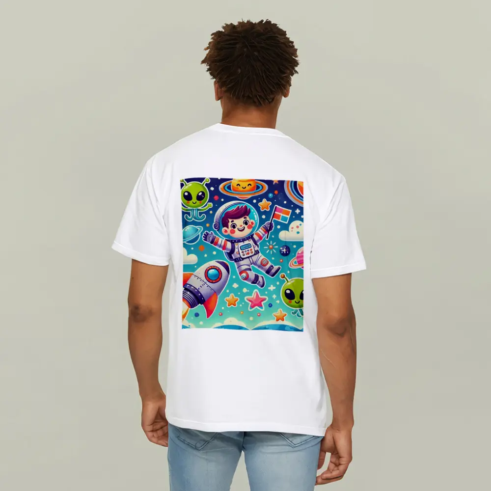 Cute Cartoon Astronaut Boy In Colorful Space – T-Shirts