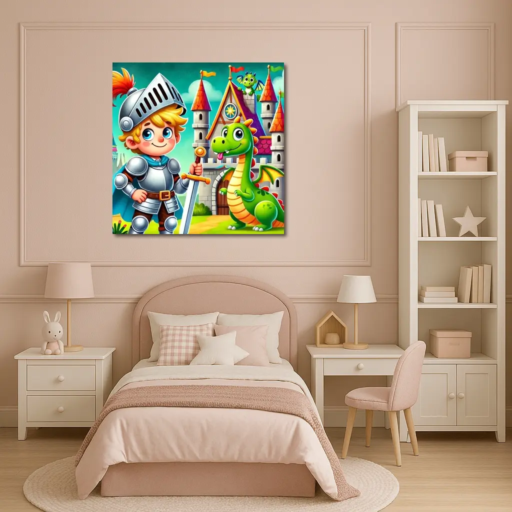 Cartoon Knight Boy and Dragon Castle – Wall Art