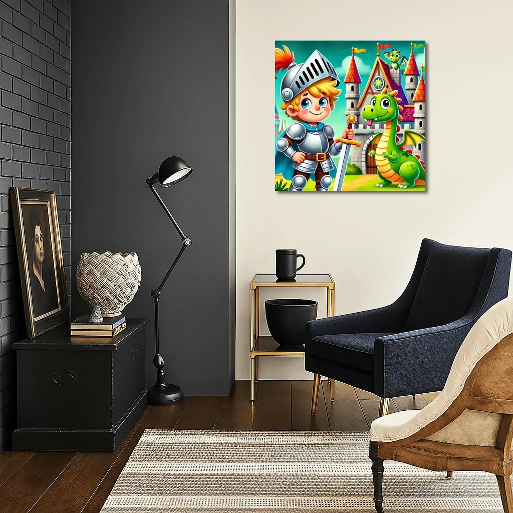 Cartoon Knight Boy and Dragon Castle – Wall Art