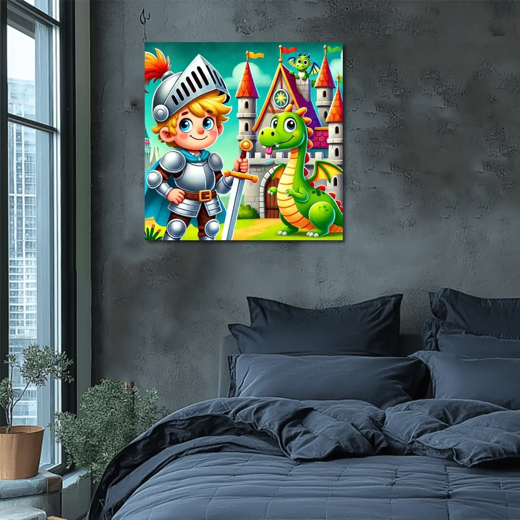 Cartoon Knight Boy and Dragon Castle – Wall Art