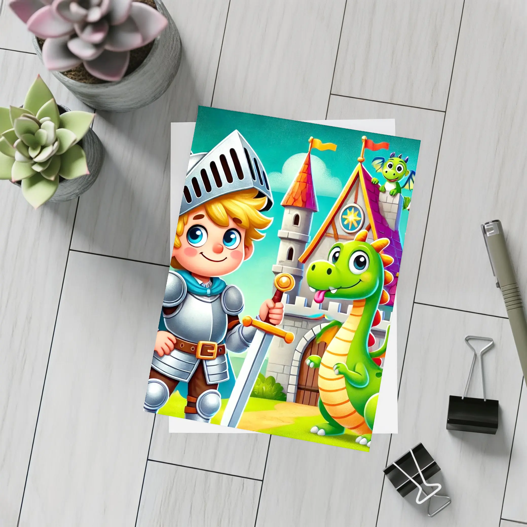 Cartoon Knight Boy and Dragon Castle – Postcards