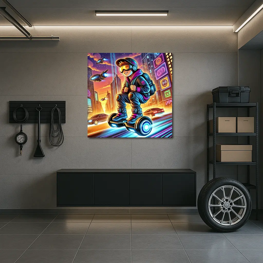 Boy Riding Hoverboard Futuristic Neon City – Wall Art