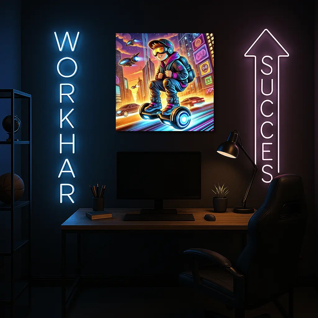 Boy Riding Hoverboard Futuristic Neon City – Wall Art