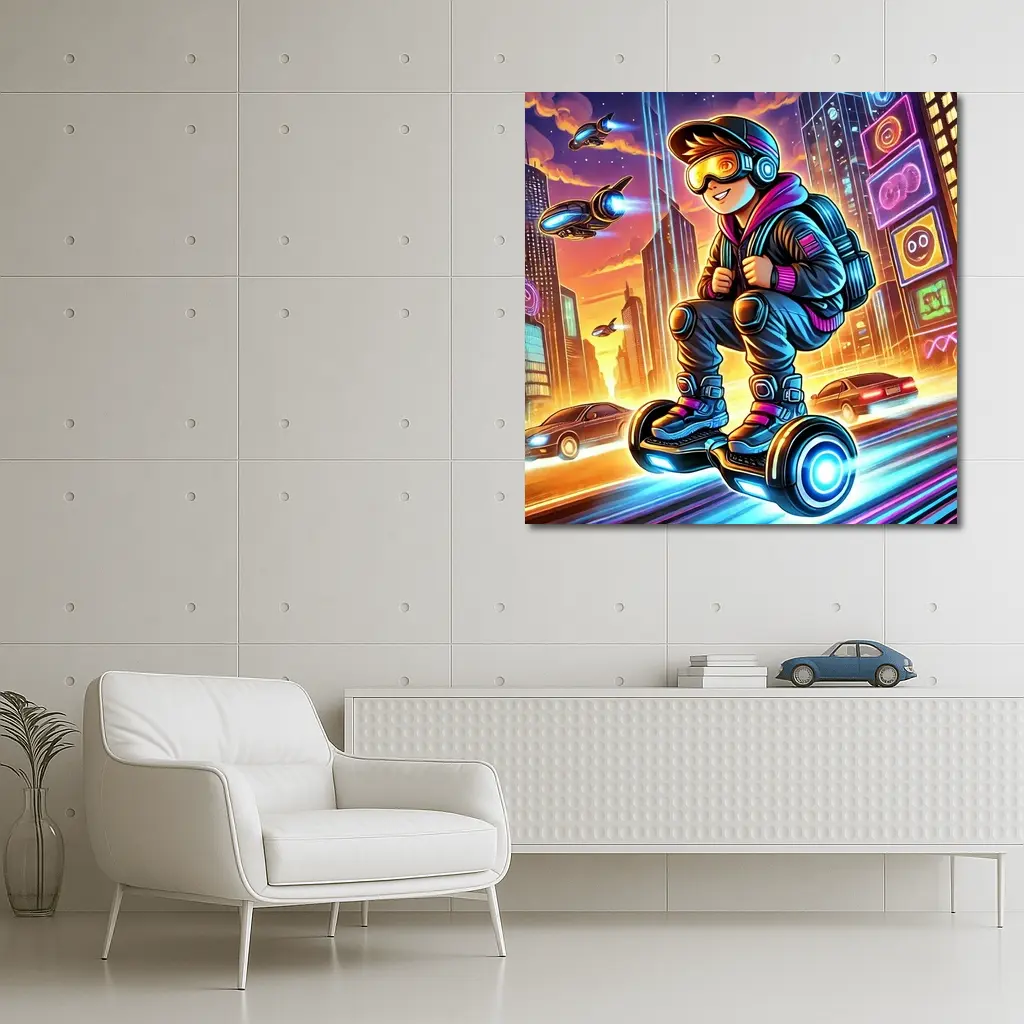 Boy Riding Hoverboard Futuristic Neon City – Wall Art