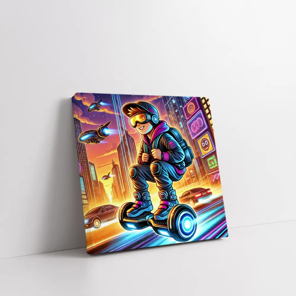 Boy Riding Hoverboard Futuristic Neon City – Wall Art