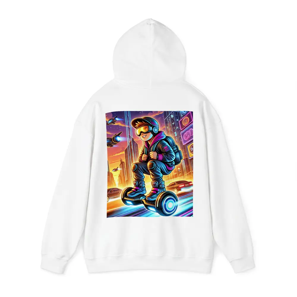 Boy Riding Hoverboard Futuristic Neon City – Hoodies