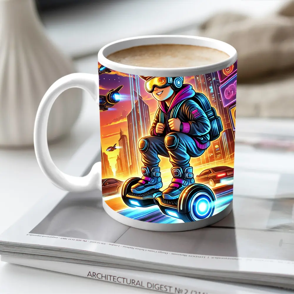 Boy Riding Hoverboard Futuristic Neon City – Mugs