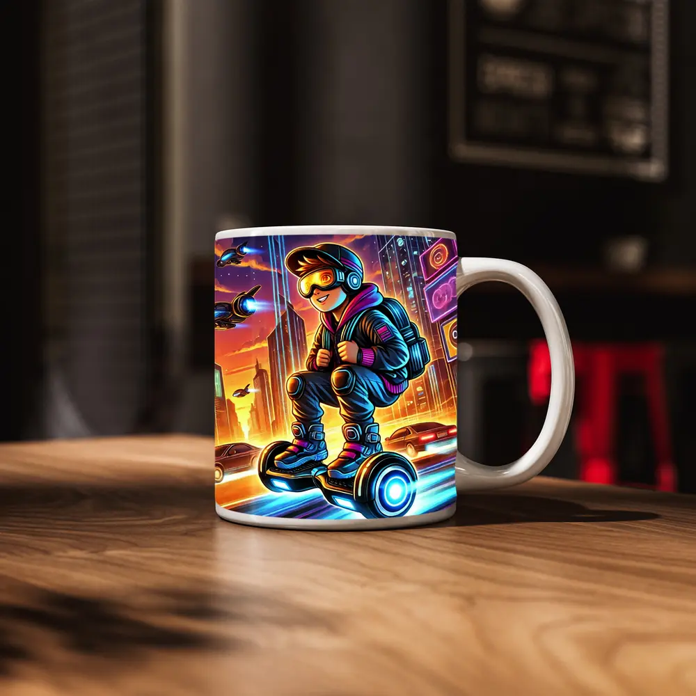 Boy Riding Hoverboard Futuristic Neon City – Mugs