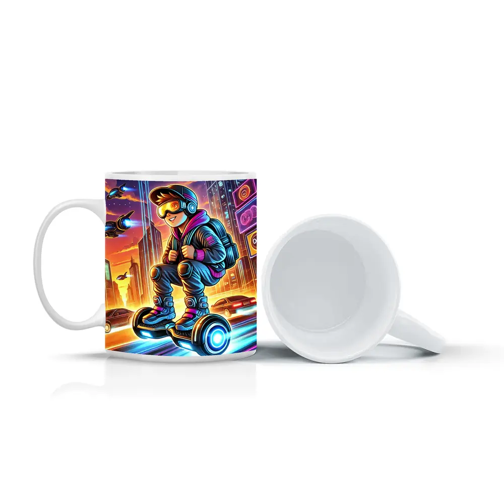 Boy Riding Hoverboard Futuristic Neon City – Mugs