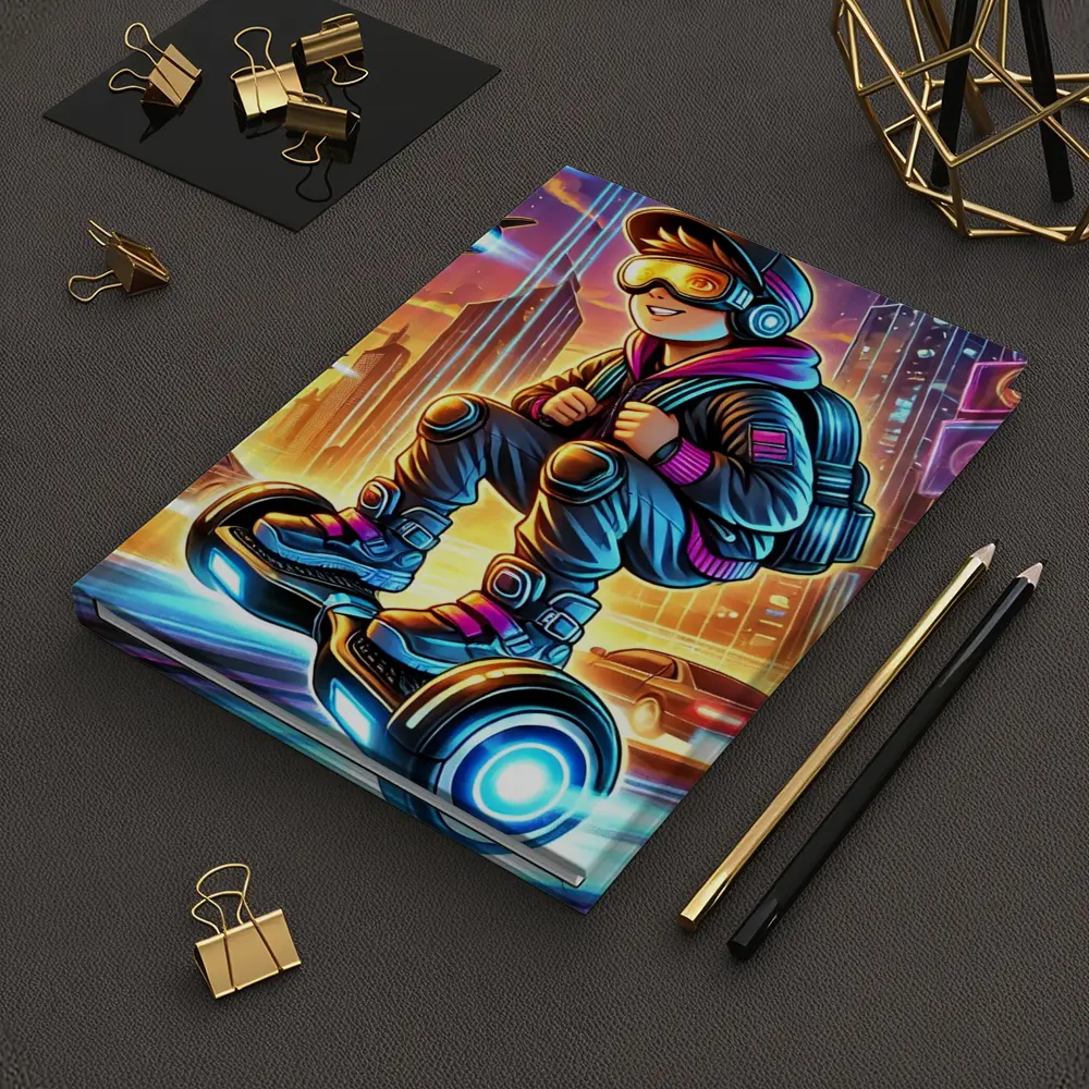 Boy Riding Hoverboard Futuristic Neon City – Notebooks