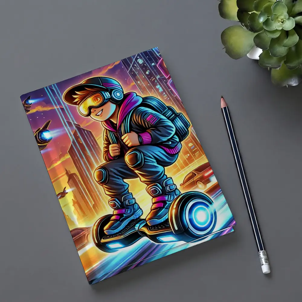 Boy Riding Hoverboard Futuristic Neon City – Notebooks