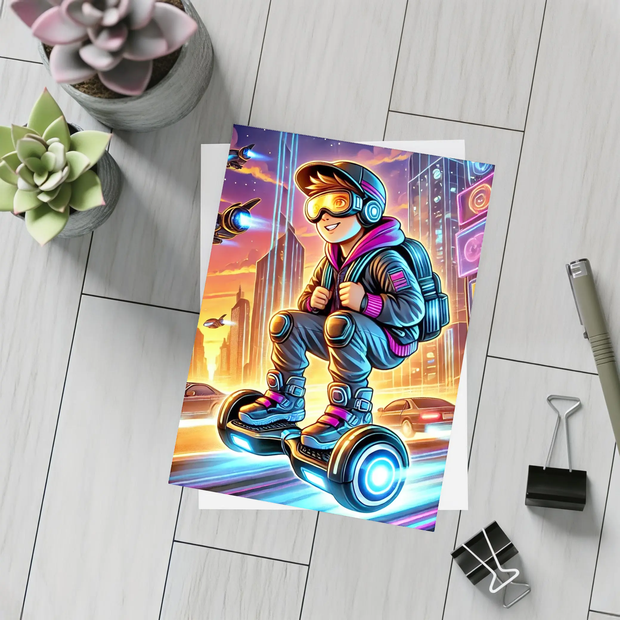 Boy Riding Hoverboard Futuristic Neon City – Postcards
