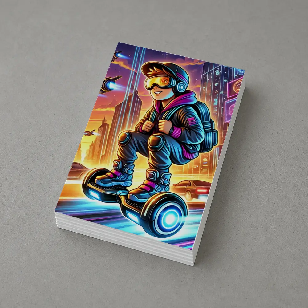 Boy Riding Hoverboard Futuristic Neon City – Postcards
