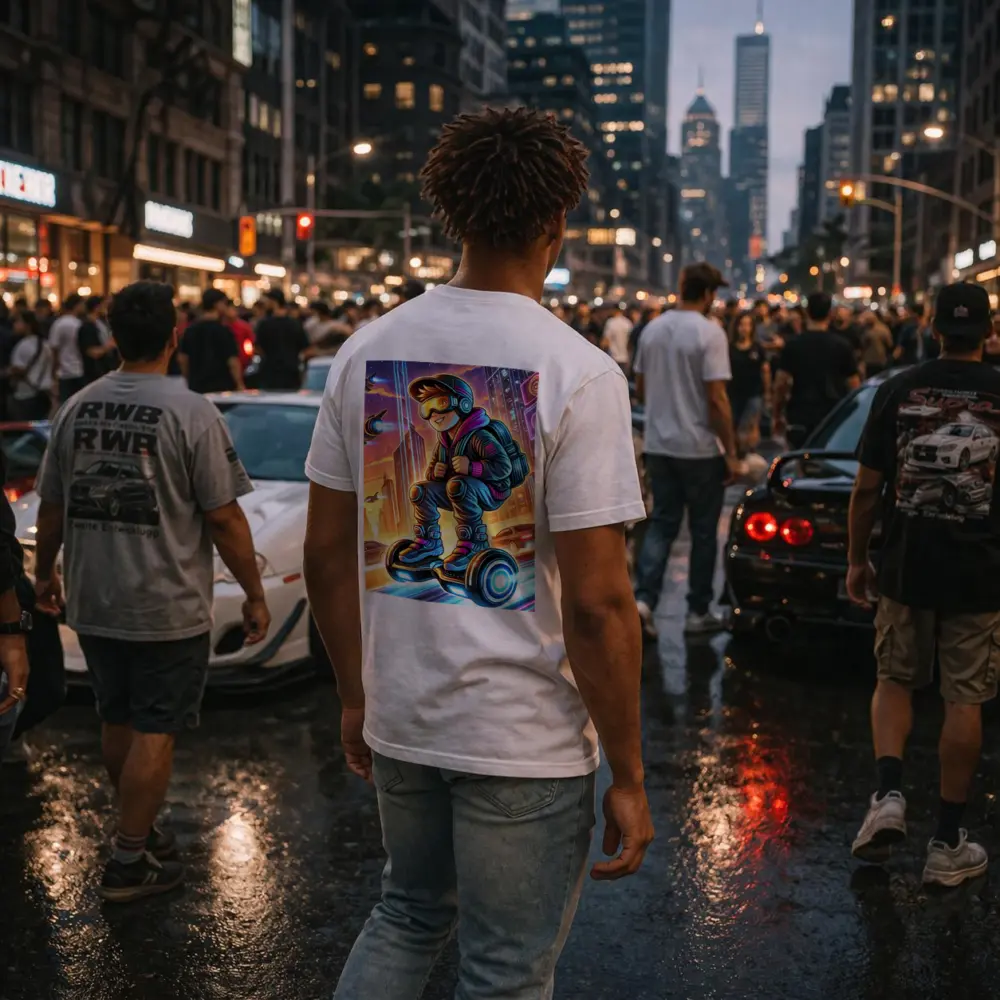 Boy Riding Hoverboard Futuristic Neon City – T-Shirts