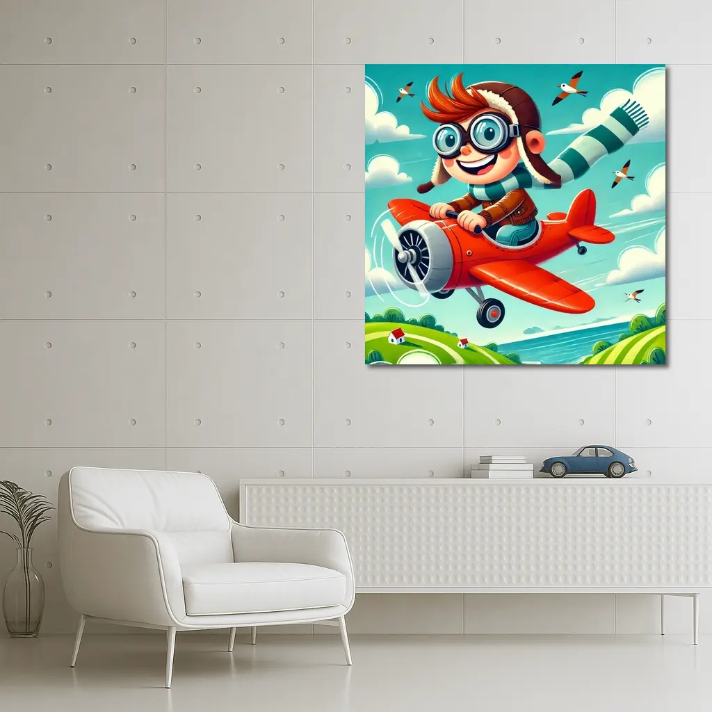 Cartoon Boy Pilot Flying Red Airplane Sky – Wall Art