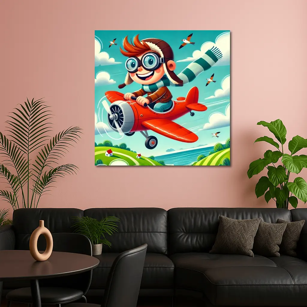 Cartoon Boy Pilot Flying Red Airplane Sky – Wall Art