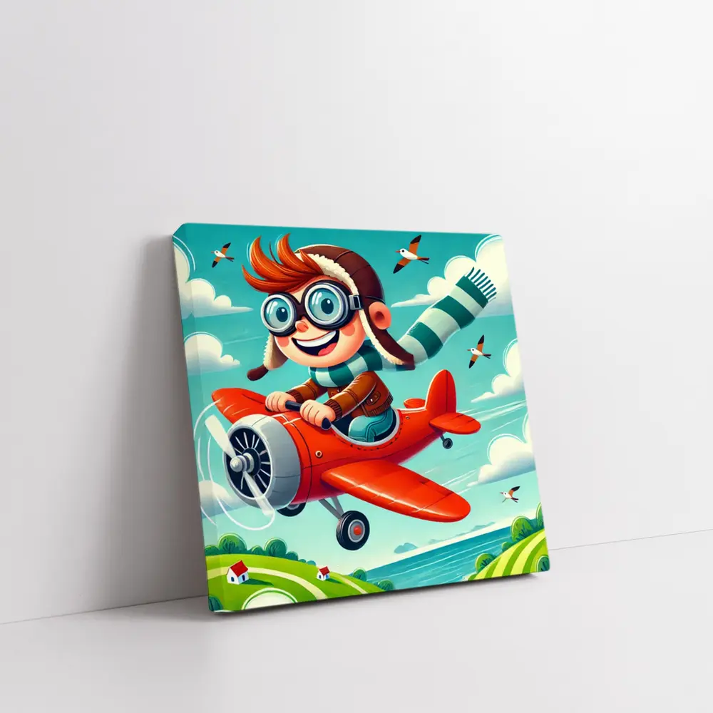 Cartoon Boy Pilot Flying Red Airplane Sky – Wall Art