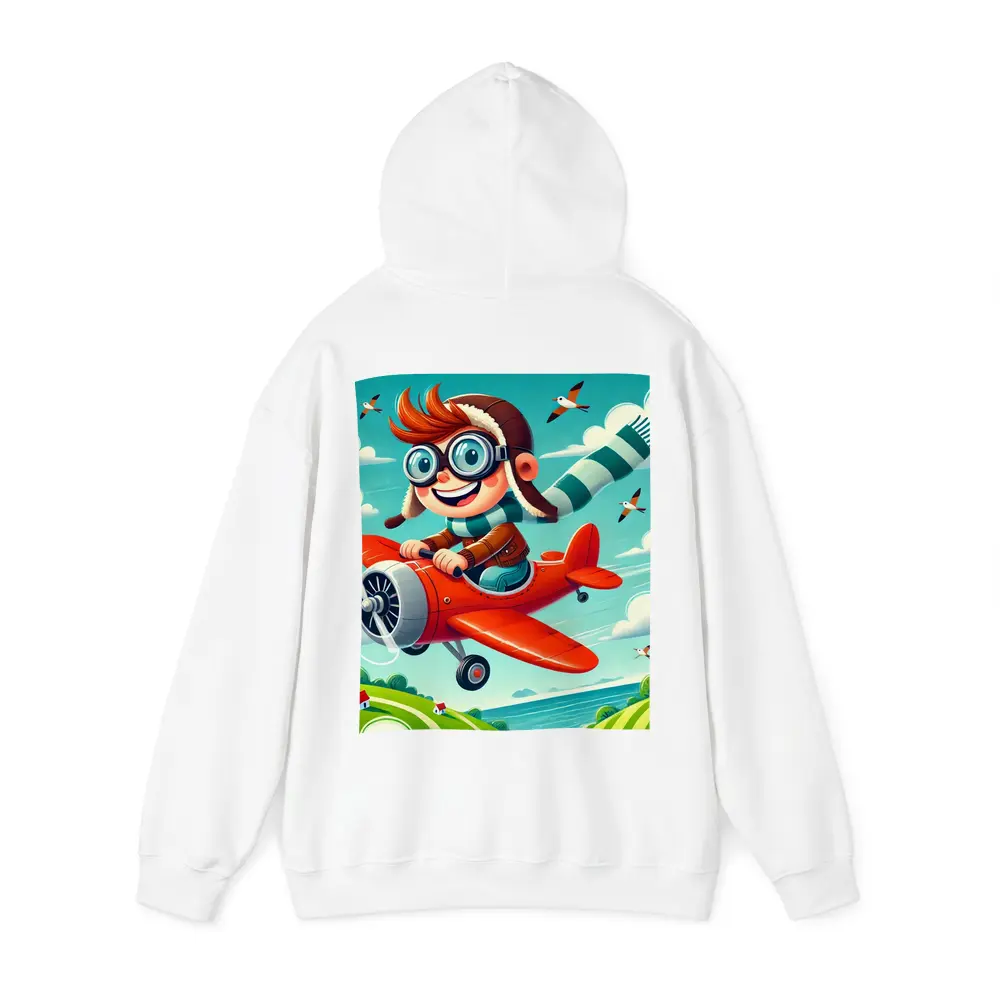 Cartoon Boy Pilot Flying Red Airplane Sky – Hoodies