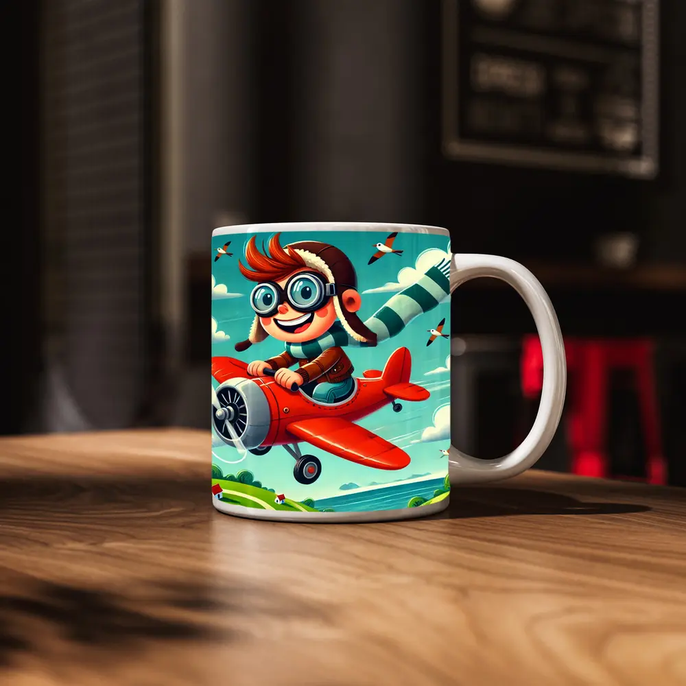 Cartoon Boy Pilot Flying Red Airplane Sky – Mugs