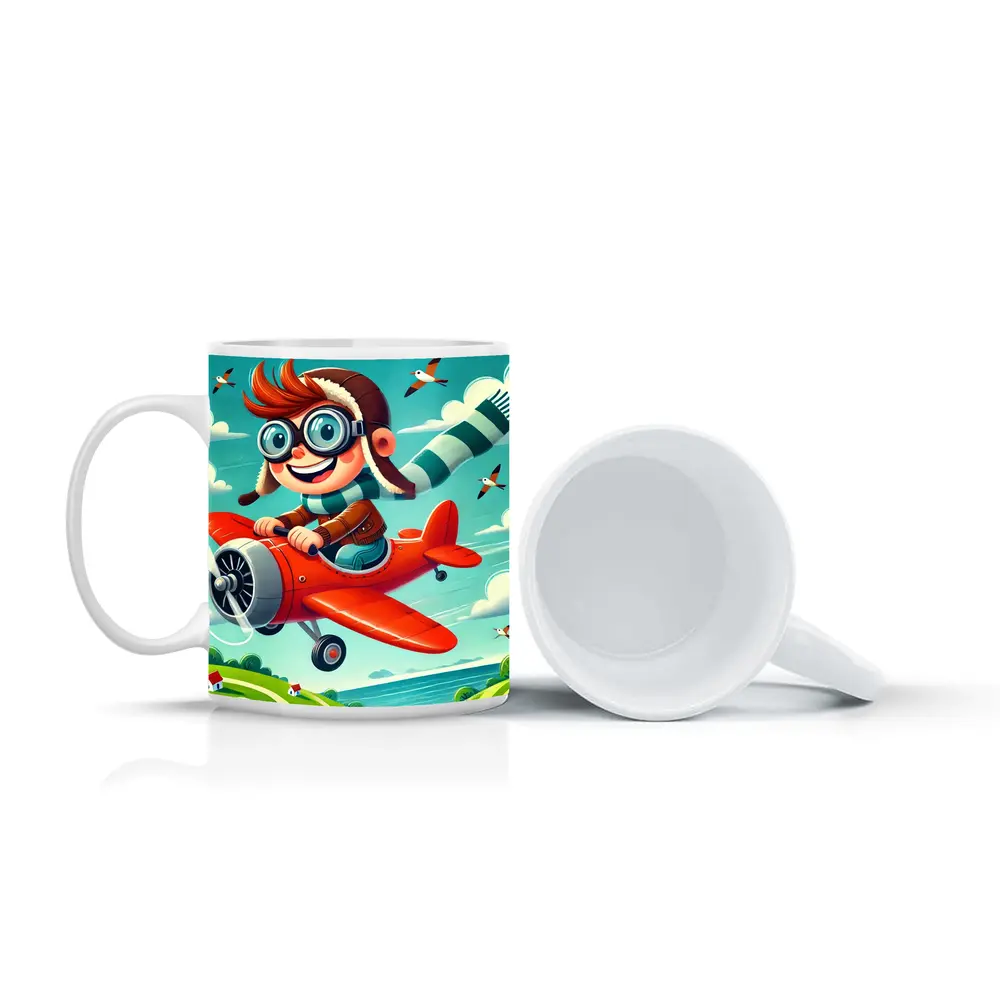 Cartoon Boy Pilot Flying Red Airplane Sky – Mugs