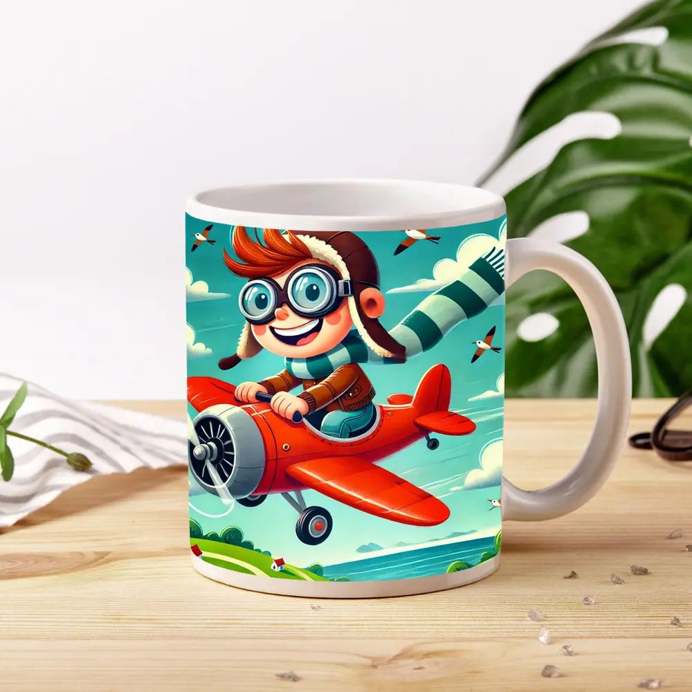 Cartoon Boy Pilot Flying Red Airplane Sky – Mugs
