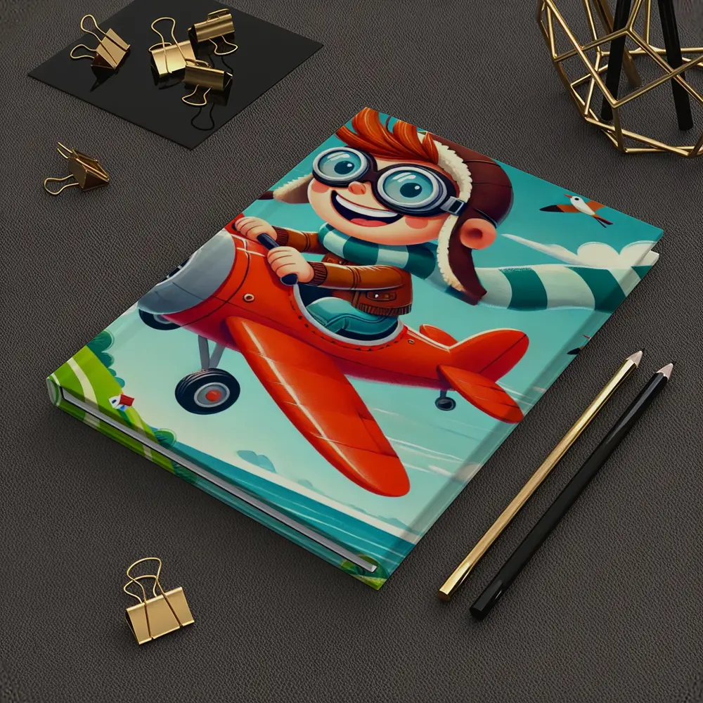 Cartoon Boy Pilot Flying Red Airplane Sky – Notebooks