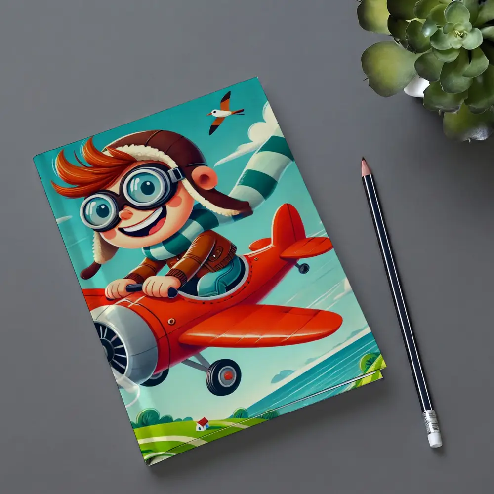 Cartoon Boy Pilot Flying Red Airplane Sky – Notebooks