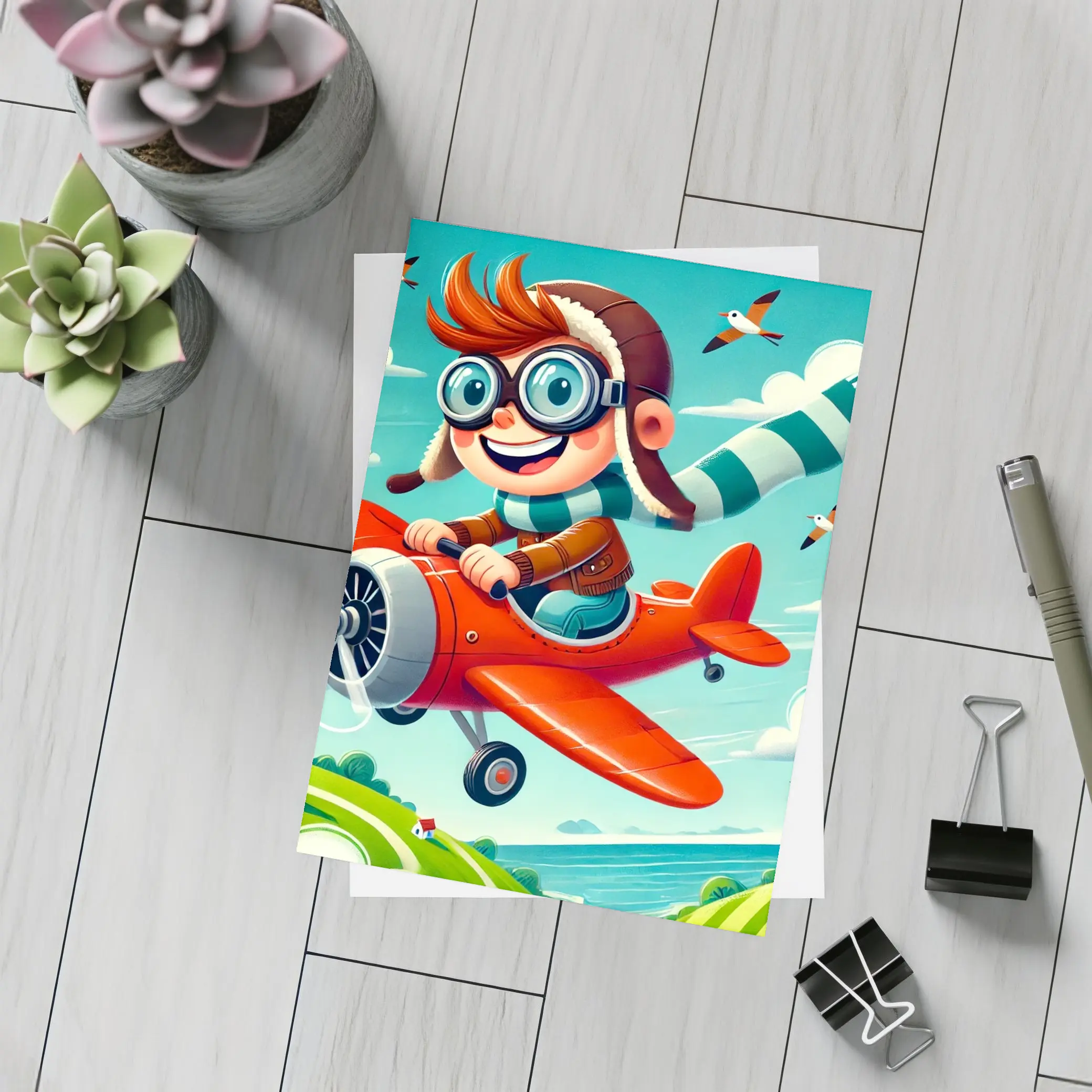 Cartoon Boy Pilot Flying Red Airplane Sky – Postcards