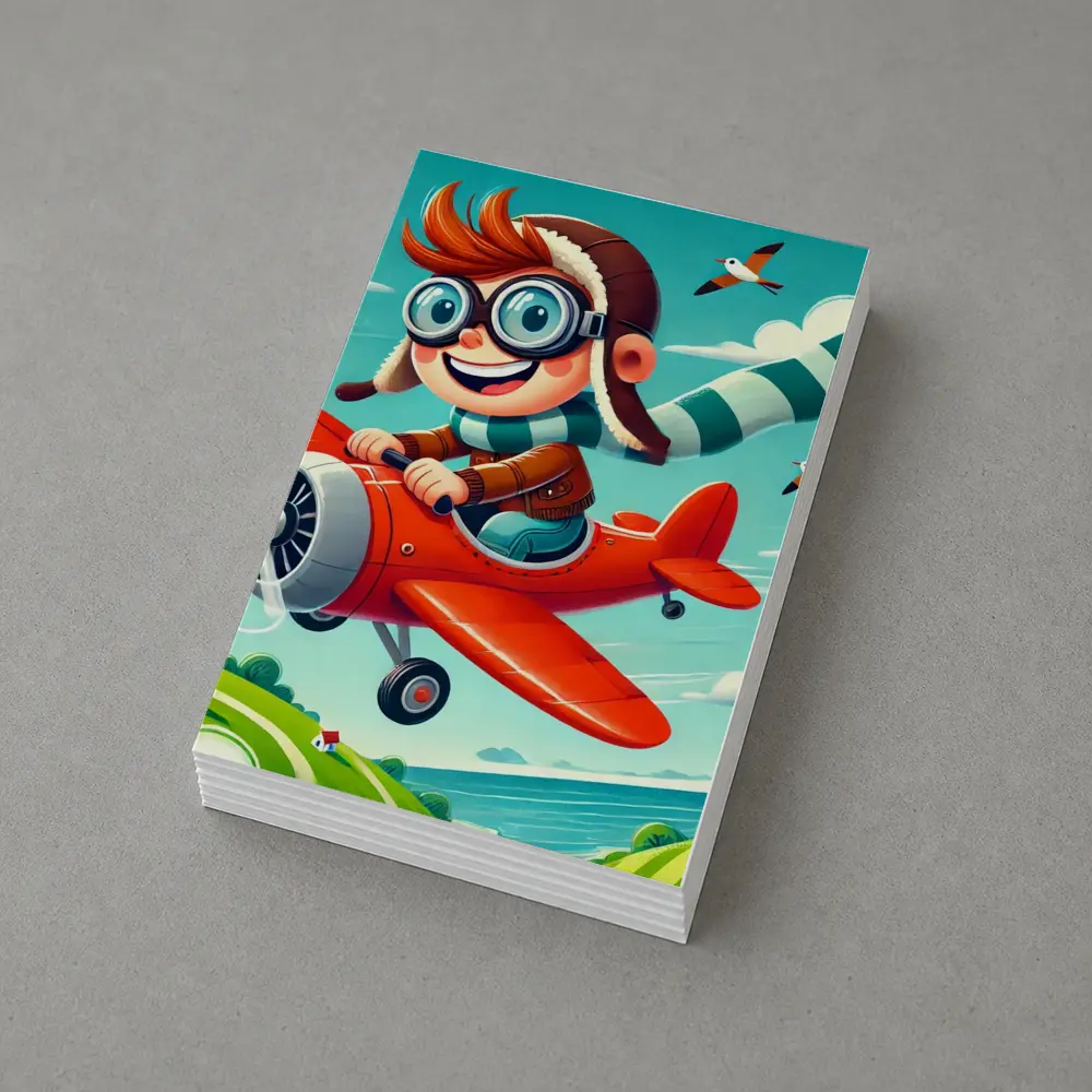 Cartoon Boy Pilot Flying Red Airplane Sky – Postcards