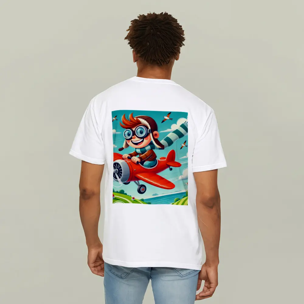 Cartoon Boy Pilot Flying Red Airplane Sky – T-Shirts