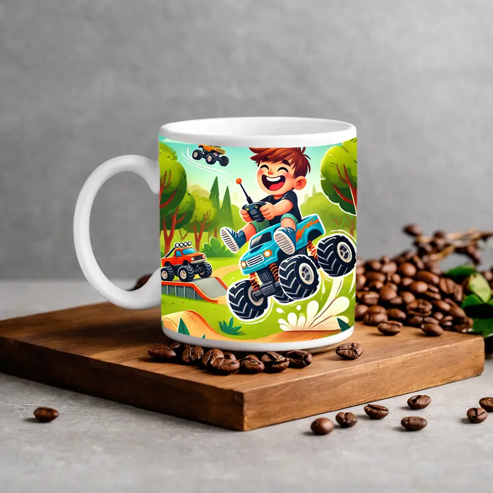 Happy Boy Riding Monster Truck Outdoor – Mugs