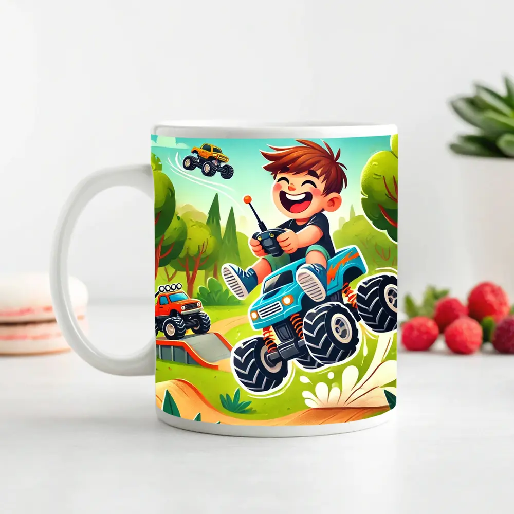 Happy Boy Riding Monster Truck Outdoor – Mugs