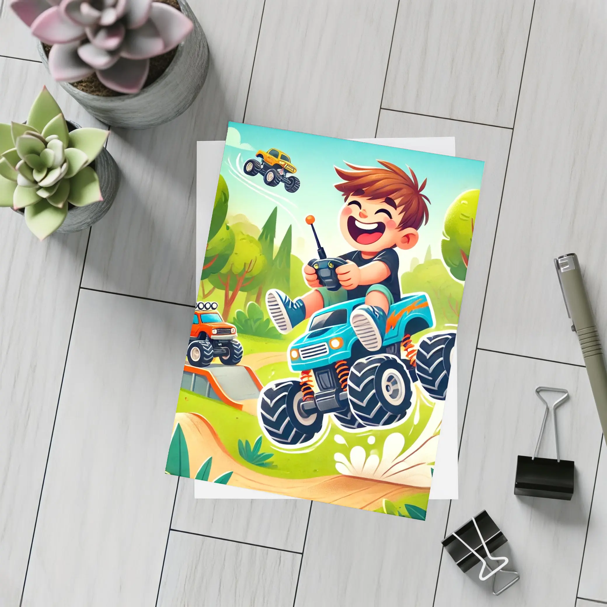 Happy Boy Riding Monster Truck Outdoor – Postcards