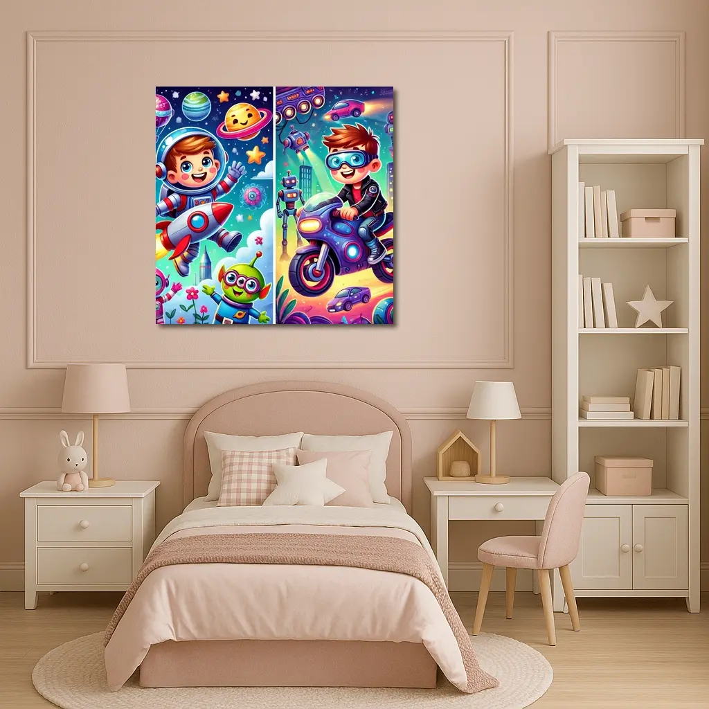 Boys Astronaut Robot Motorcycle Adventure Cartoon Art – Wall Art