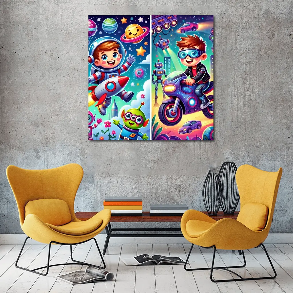 Boys Astronaut Robot Motorcycle Adventure Cartoon Art – Wall Art