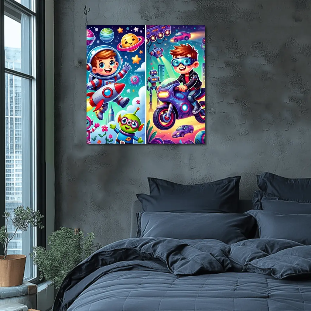 Boys Astronaut Robot Motorcycle Adventure Cartoon Art – Wall Art