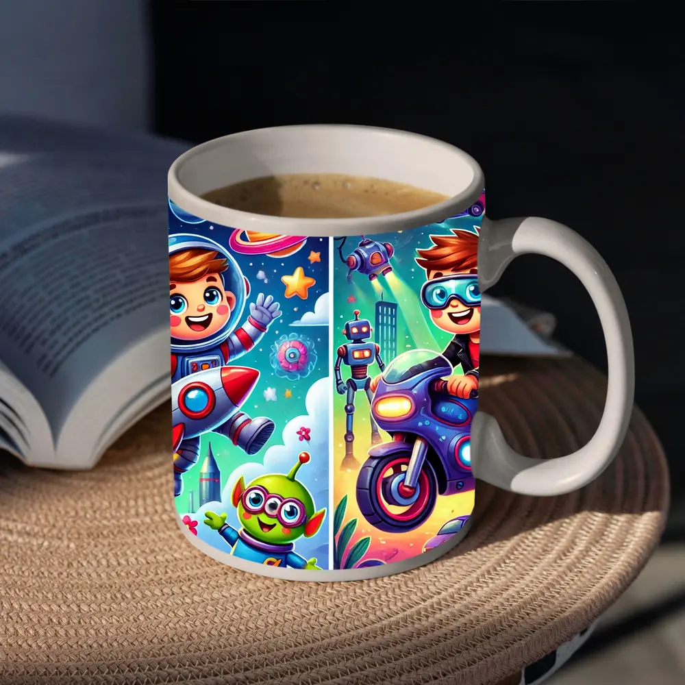 Boys Astronaut Robot Motorcycle Adventure Cartoon Art – Mugs