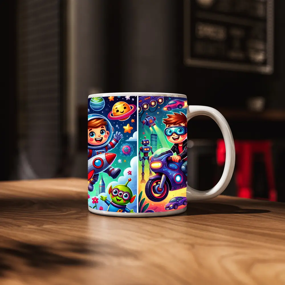 Boys Astronaut Robot Motorcycle Adventure Cartoon Art – Mugs