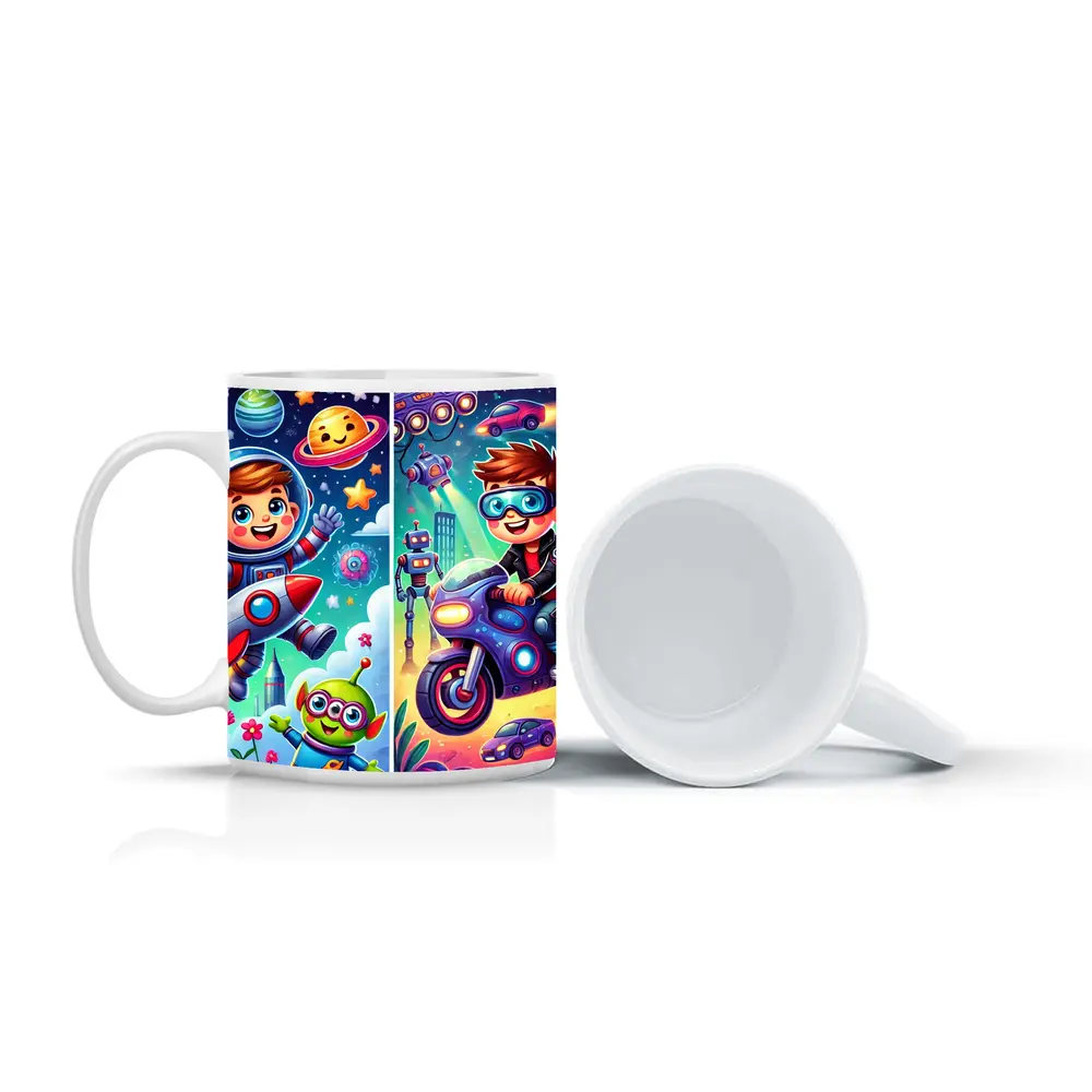 Boys Astronaut Robot Motorcycle Adventure Cartoon Art – Mugs
