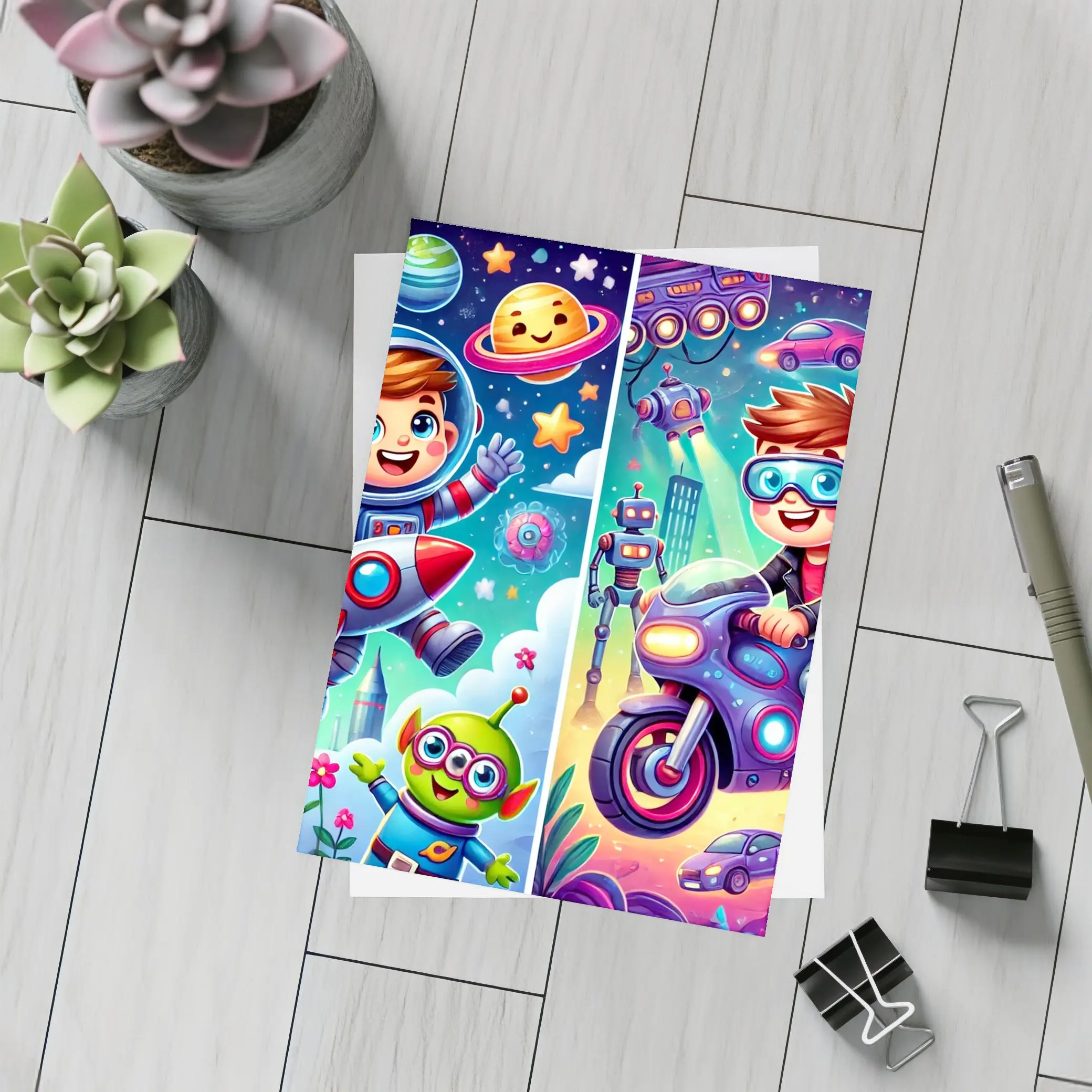 Boys Astronaut Robot Motorcycle Adventure Cartoon Art – Postcards