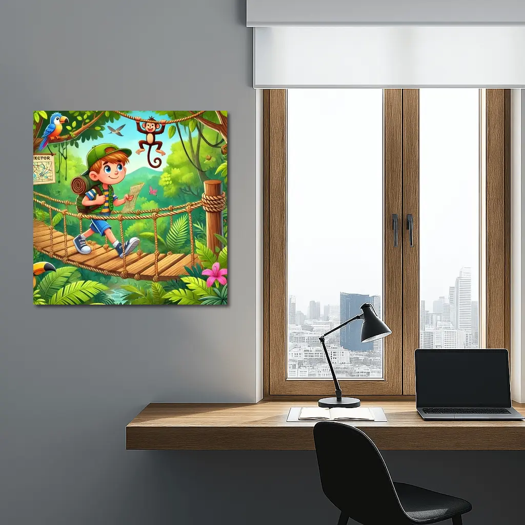 Boy Explorer Crossing Jungle Rope Bridge Cartoon – Wall Art