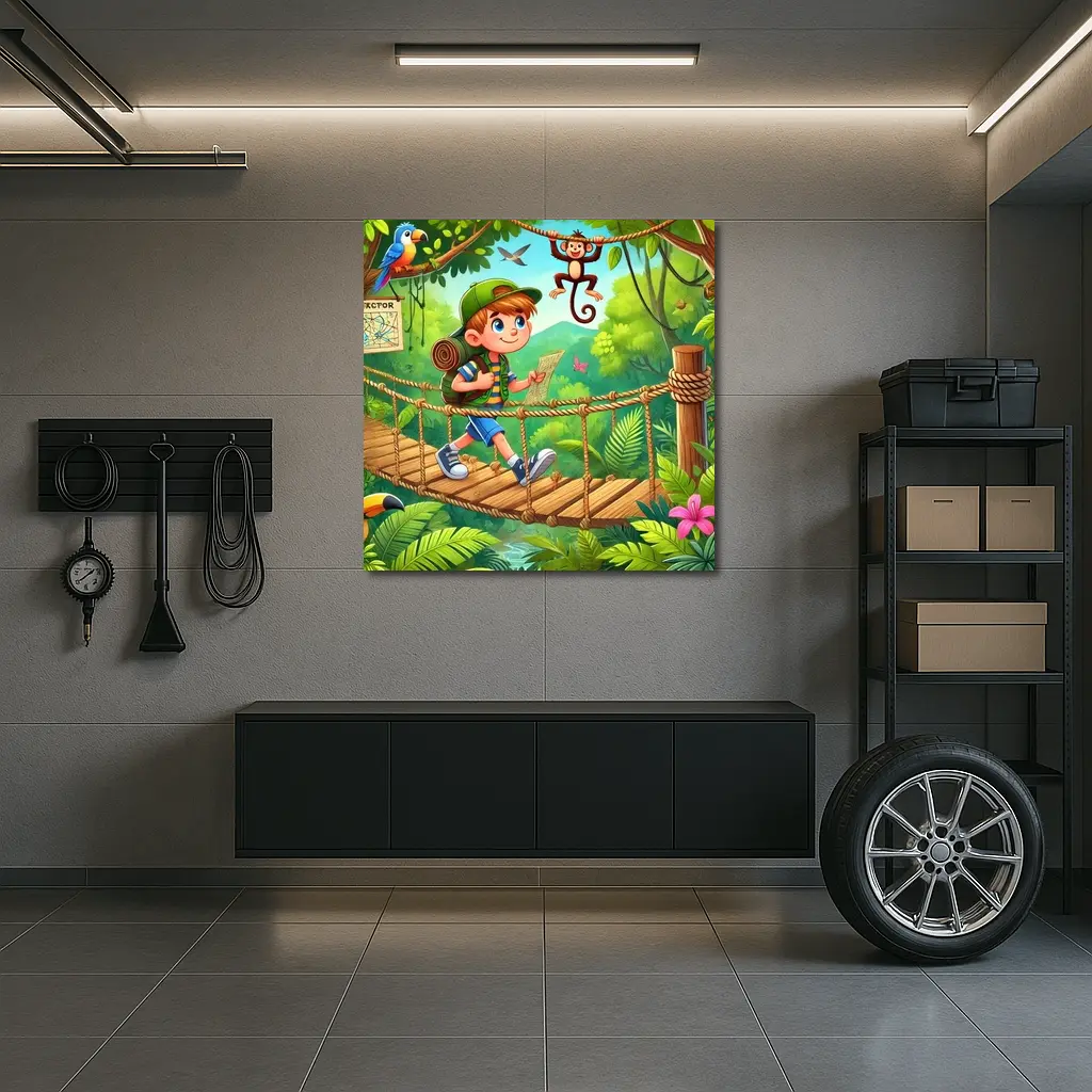 Boy Explorer Crossing Jungle Rope Bridge Cartoon – Wall Art